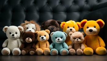 ai generado linda perrito sentado con juguete osito de peluche oso, mullido y pequeño generado por ai foto