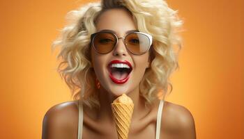 AI generated A cheerful woman with blond hair enjoys ice cream generated by AI photo