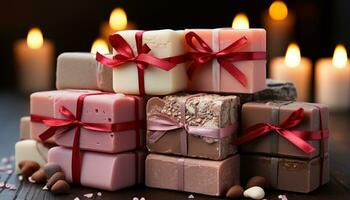 AI generated A stack of gift boxes, wrapped in colorful paper generated by AI photo