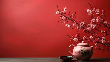 ai generado japonés cultura celebra primavera con Cereza florecer decoraciones en mesas generado por ai foto