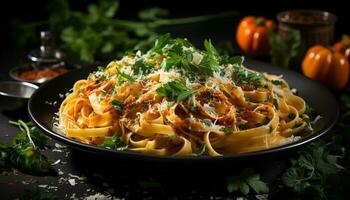 AI generated Freshness on plate homemade pasta, gourmet meal, healthy eating generated by AI photo