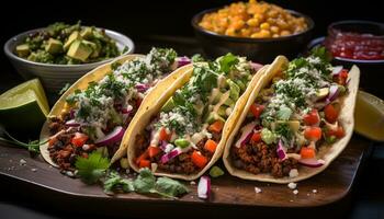 ai generado frescura y especia en un hecho en casa carne de vaca taco plato generado por ai foto