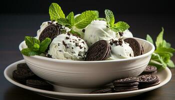 AI generated Indulgent gourmet dessert mint ice cream with chocolate sauce generated by AI photo