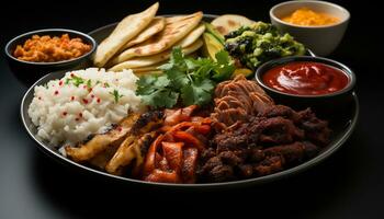 ai generado A la parrilla carne, Fresco verduras, sabroso salsa un gastrónomo almuerzo generado por ai foto