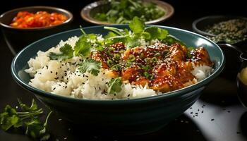 AI generated Grilled pork with fresh vegetables, rice, and savory sauce generated by AI photo