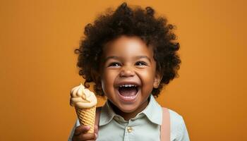 ai generado alegre niño participación hielo crema, sonriente con dulce emoción generado por ai foto