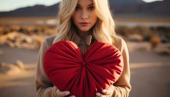 AI generated Young woman outdoors, smiling, holding a heart shaped beauty in nature generated by AI photo