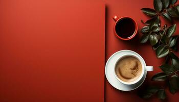 ai generado Fresco café taza en de madera mesa, un Perfecto Mañana bebida generado por ai foto