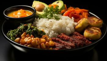 ai generado A la parrilla carne y vegetales en un sano plato de frescura generado por ai foto