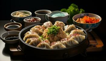 AI generated Steamed pork dumplings, a delicious Chinese gourmet meal generated by AI photo