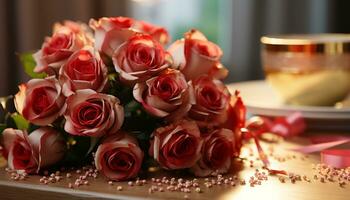 ai generado romántico ramo de flores en mesa, un celebracion de amor y frescura generado por ai foto