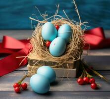 AI generated colorful easter eggs in basket in grass photo