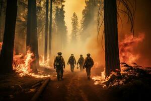 ai generado cuatro bomberos caminar mediante un bosque con llamas foto