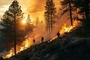 ai generado cuatro bomberos caminar mediante un bosque con llamas foto