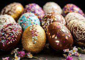 ai generado Pascua de Resurrección huevo conformado chocolate panes con asperja foto