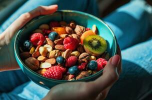 AI generated eating a bowl of healthy nuts and fruit photo