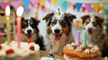 ai generado linda contento perrito perros con un cumpleaños pastel celebrando foto