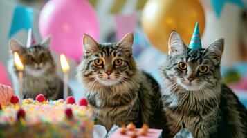 ai generado linda contento gatos con un cumpleaños pastel celebrando a un cumpleaños fiesta foto