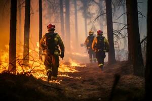 ai generado cuatro bomberos caminar mediante un bosque con llamas foto