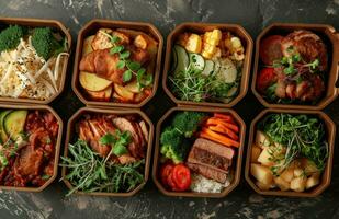 ai generado cinco diferente comida cajas con diferente tipos de carne foto