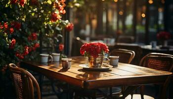 ai generado acogedor café tienda con de madera sillas, flores, y naturaleza generado por ai foto