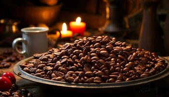 AI generated Freshness and heat in a close up of dark coffee bean generated by AI photo