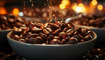 AI generated Freshness in a cup, dark bean heat, coffee refreshing aroma generated by AI photo