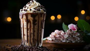 ai generado gastrónomo postre chocolate hielo crema en un de madera mesa generado por ai foto