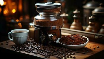 AI generated Freshly ground coffee beans fill the air in the rustic coffee shop generated by AI photo