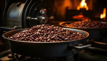 AI generated Freshly ground coffee beans release a dark, rich aroma generated by AI photo