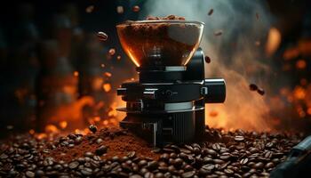 AI generated Freshly ground coffee beans create a rich, aromatic caffeine boost generated by AI photo