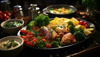 ai generado A la parrilla pollo con Fresco verduras, un sano hecho en casa comida generado por ai foto