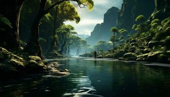 AI generated Tranquil scene green trees, flowing water, reflecting mountain beauty generated by AI photo