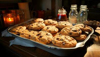 AI generated Homemade chocolate chip cookies on rustic table, ready to eat generated by AI photo