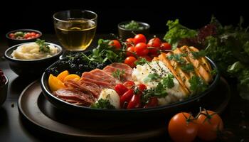 ai generado A la parrilla carne, Fresco verduras, sano ensalada en rústico plato generado por ai foto