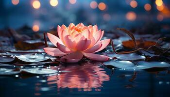 AI generated The pink lotus flower reflects beauty and tranquility on water generated by AI photo