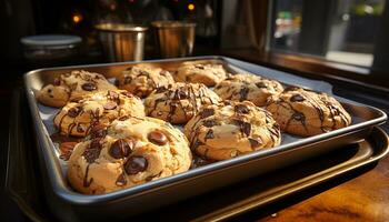 AI generated Freshly baked homemade chocolate chip cookies on rustic wooden table generated by AI photo