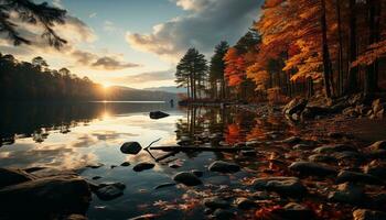 AI generated Tranquil autumn sunset reflects vibrant colors in serene forest generated by AI photo