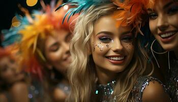 ai generado joven mujer disfrutando un alegre fiesta, sonriente con emoción generado por ai foto