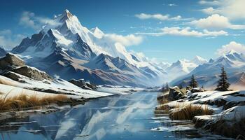 AI generated Majestic mountain peak reflects tranquil blue sky in winter generated by AI photo