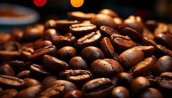 AI generated Fresh coffee beans on a table, creating an aromatic backdrop generated by AI photo