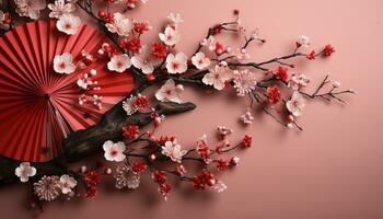 AI generated Fresh pink cherry blossoms decorate the springtime nature backdrop generated by AI photo