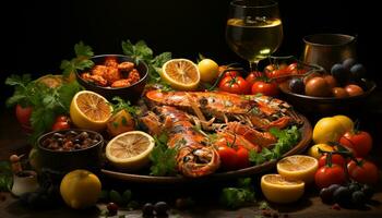 AI generated Fresh seafood meal with lemon, tomato, and parsley garnish generated by AI photo