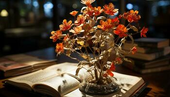 AI generated Fresh flower bouquet on table brings nature indoors to library generated by AI photo