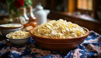 AI generated Freshness on table healthy meal, homemade gourmet pasta generated by AI photo