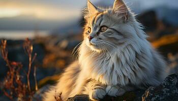AI generated Cute kitten sitting in grass, staring at sunset beauty generated by AI photo