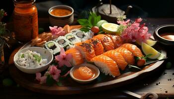 AI generated Freshness on plate seafood, sashimi, nigiri, maki sushi, avocado generated by AI photo