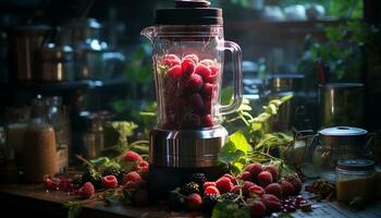 AI generated Freshness in a jar organic berry smoothie on wooden table generated by AI photo