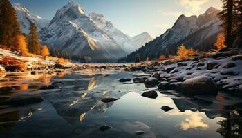 AI generated Majestic mountain peak reflects tranquil autumn landscape generated by AI photo