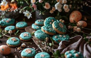 AI generated easter cookies are on a table with flowers and some photo
